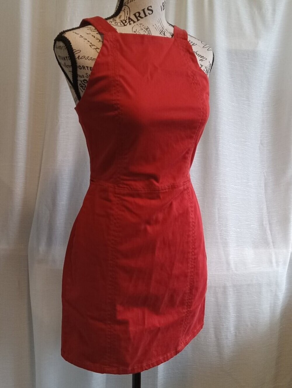 ZARA Red Square Neck Mini Dress Topstitch Detail Size Small